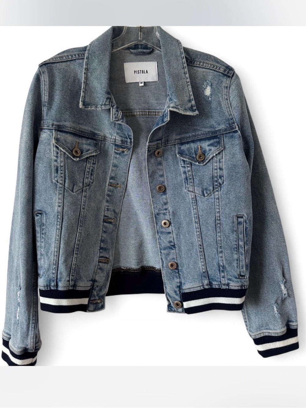 Anthropologie Pistola Light Blue Denim Bomber-Trim Jean Jacket Size Medium - Picture 3 of 9